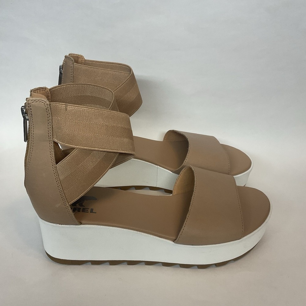 Sorel Womens Size 10 Cameron Flatform Ankle Strap Beige Leather Sea Salt Sandals